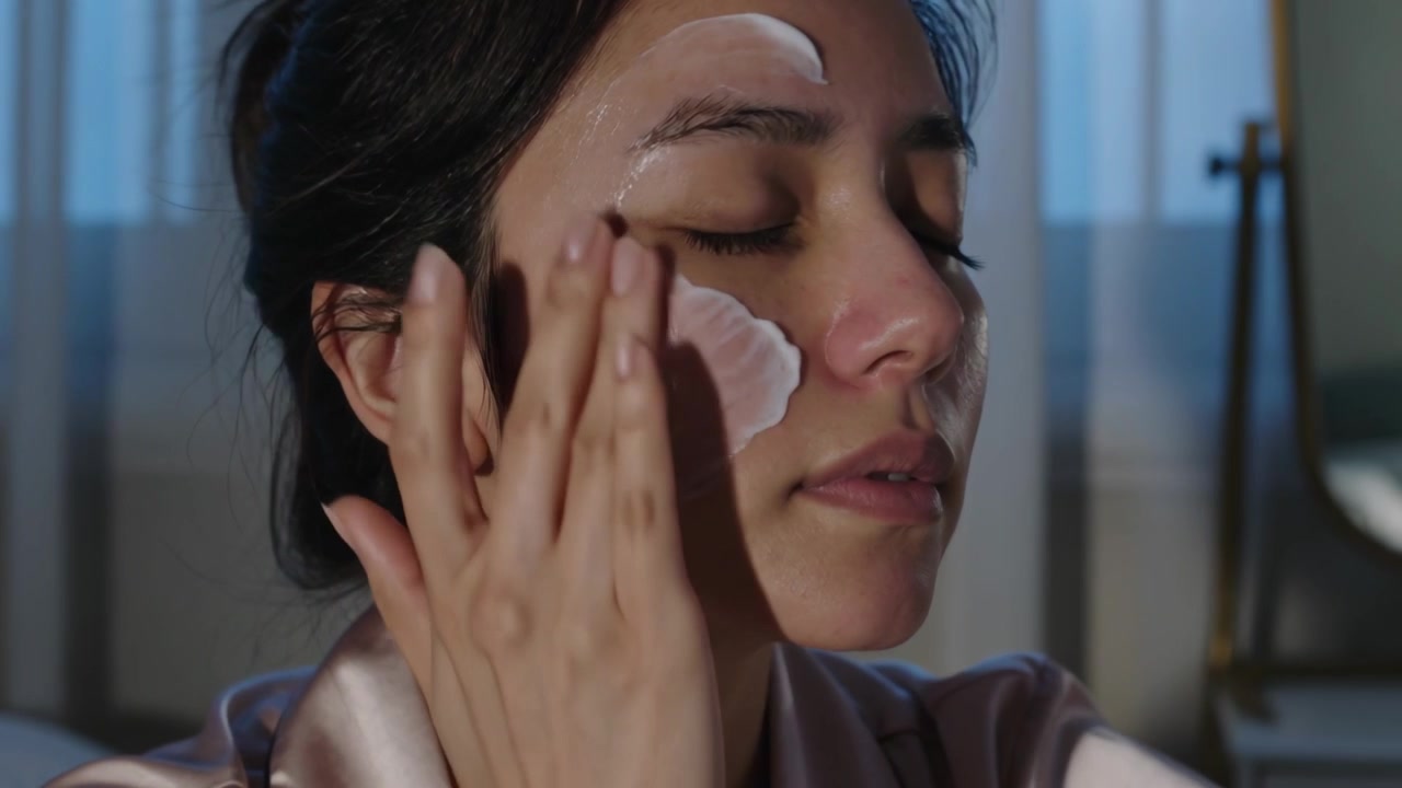 Mulher de blusa de cetim aplicando adesivos na bochecha e testa no crepúsculo do quarto, alisando com os dedos
