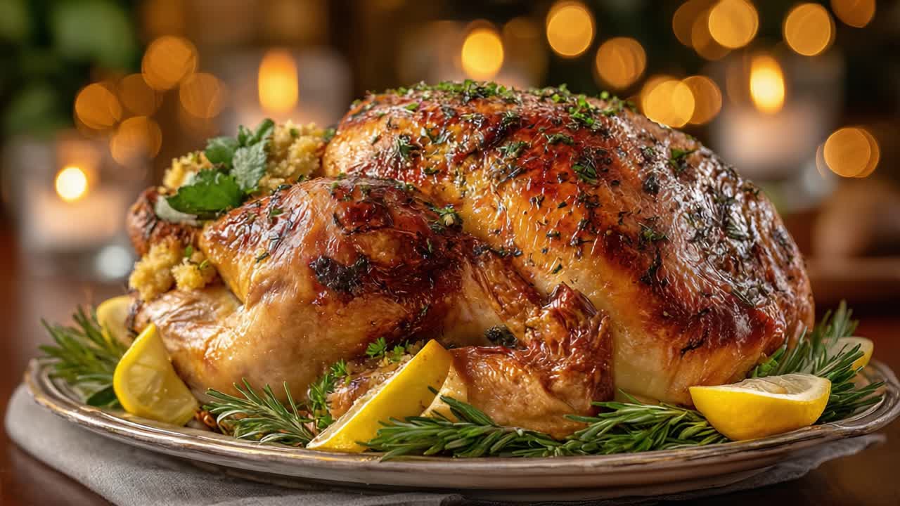 A perfectly roasted turkey garnished with fresh herbs, vibrant lemon slices, and tantalizing stuffing, served elegantly on a festive platter surrounded by soft candlelight