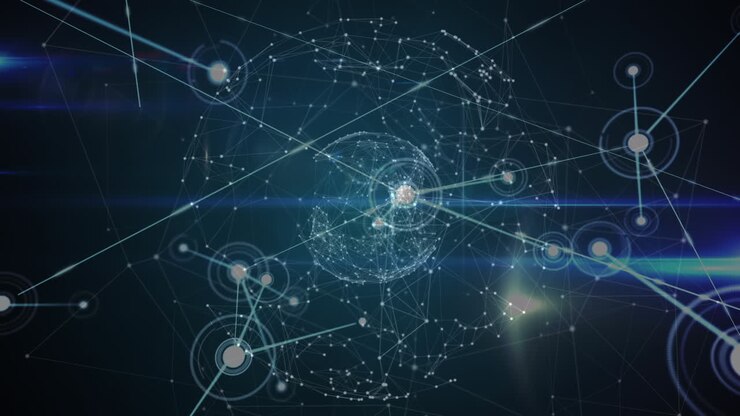 Animation of network of connections with globe on blue background