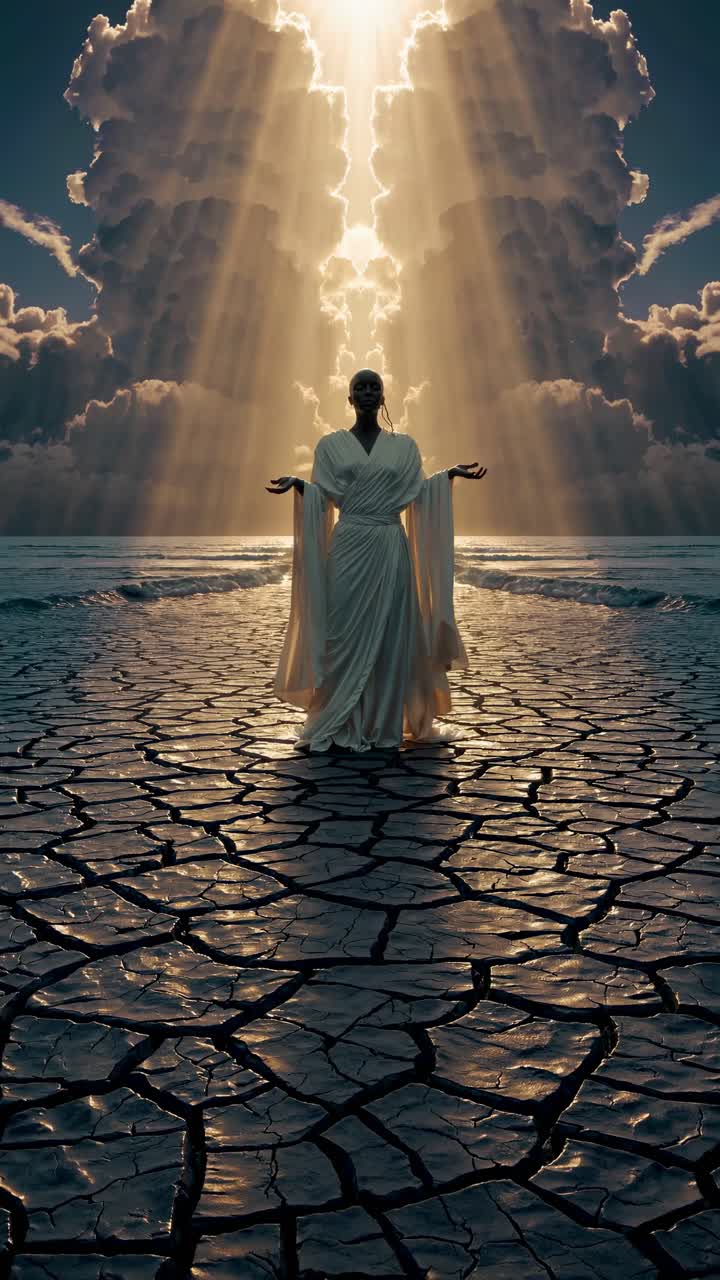 A mystical figure in white robes stands on cracked earth, arms open, under dramatic clouds