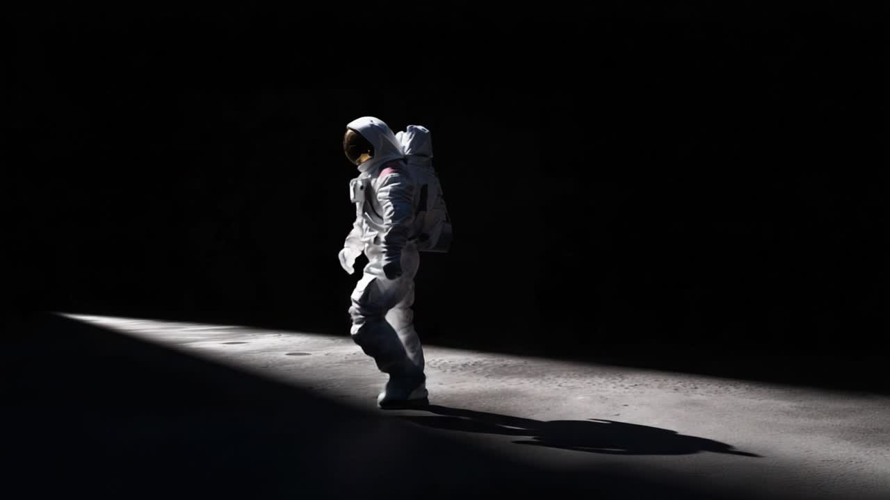 Astronauta Caminhando em Ambiente Sombrio com Iluminação Dramática: Um Momento de Exploração e Descoberta nas Profundezas do Espaço ou em Paisagens Alienígenas