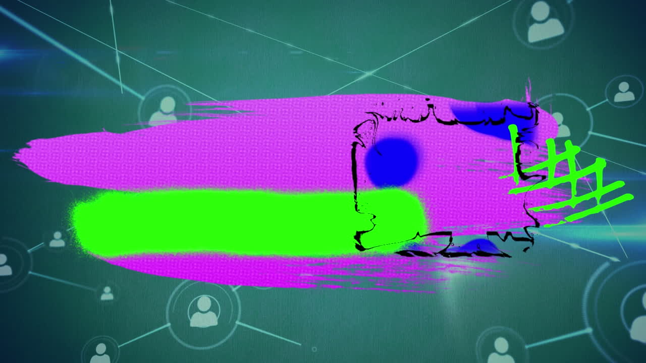 animación de manchas púrpura y verde sobre una red de conexiones sobre fondo verde