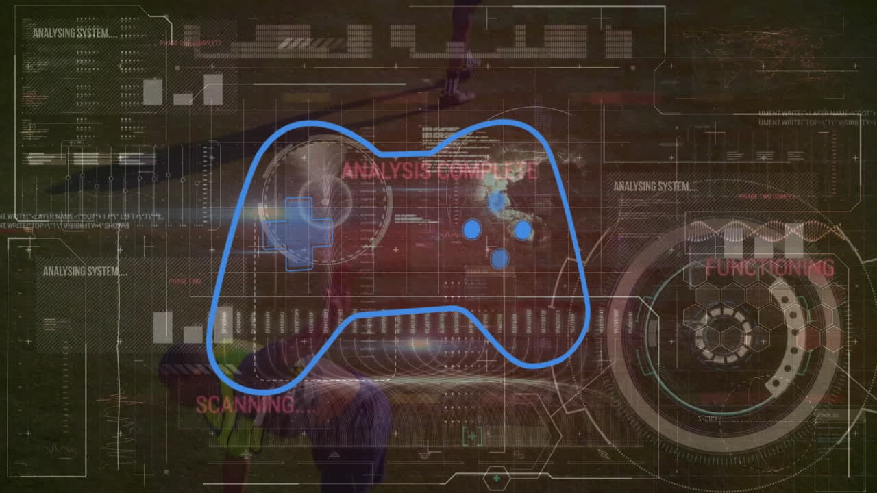 Animation of game controller with infographic interface over player doing cartwheel on ground