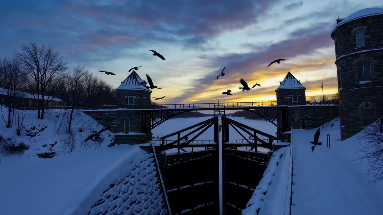 Winter Sunrise at Canal Lock with Birds