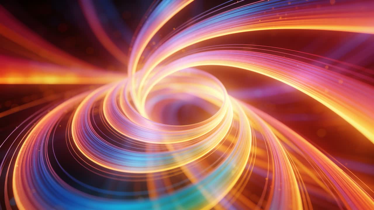 Nastro a spirale rotante che si stringe in un'apertura centrale in un tunnel CGI con la telecamera che si ritira verso l'interno