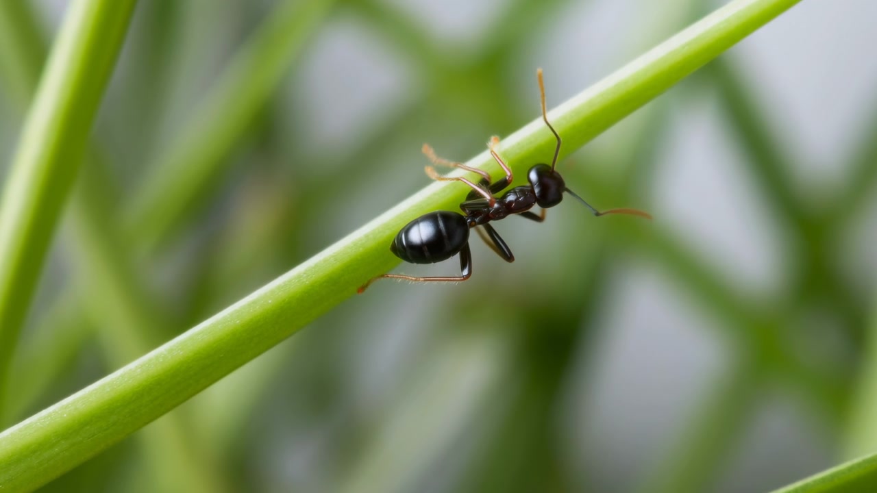 Vídeo macro em close-up de uma formiga operária preta brilhante agarrando e subindo um caule de grama fino e diagonal, contra um bokeh verde suave e luz do dia difusa.