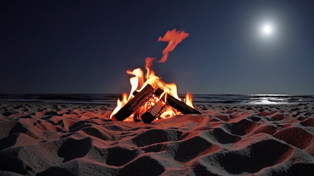 A serene night beach scene with a campfire, captured from a low angle