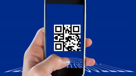 Animation of qr code on screen of smartphone held by caucasian man