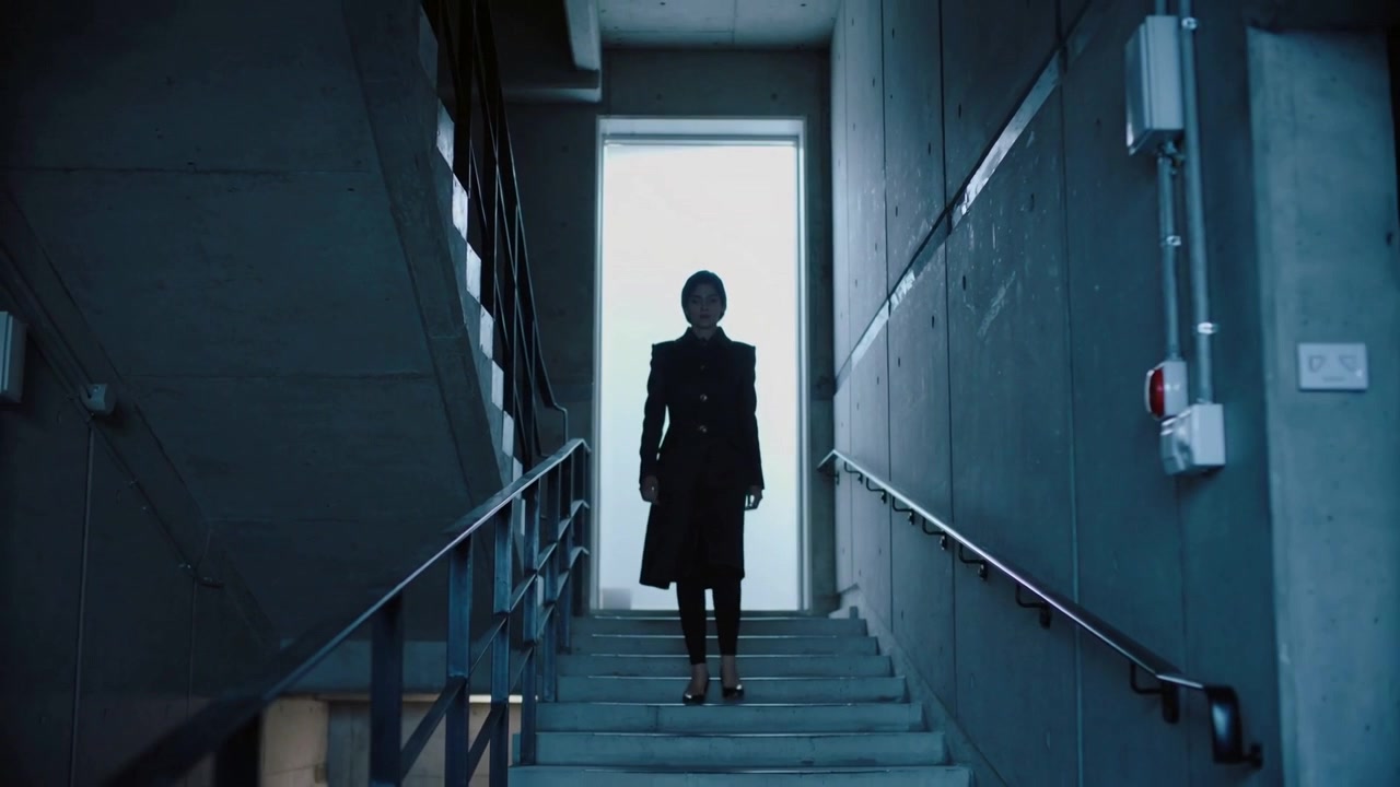 Una donna con cappotto nero che esce da una porta illuminata, scendendo scale di cemento per raggiungere un pianerottolo.