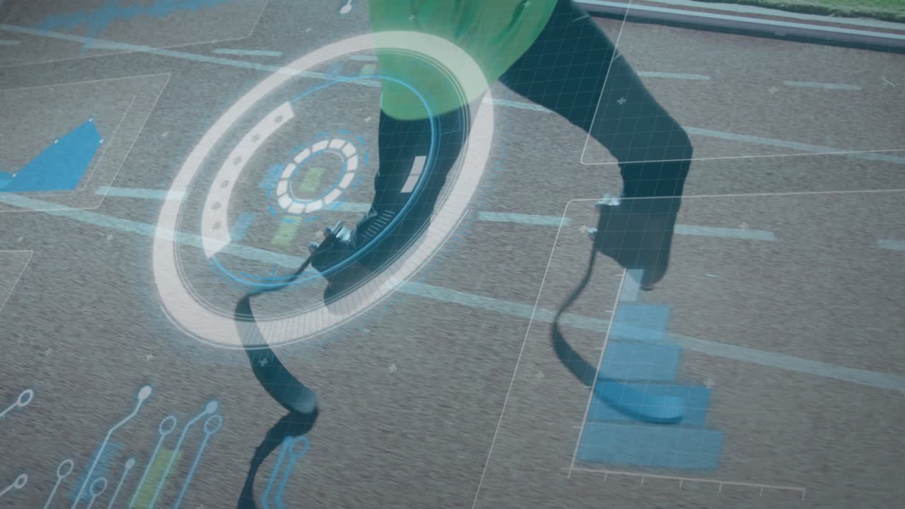 Animation of data processing over disabled african american male runner