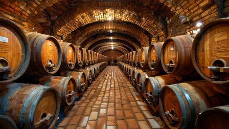 Wine Barrels Stored in a Rustic Cellar With Brick Arches. A row of wooden wine barrels stands in a rustic cellar featuring brick arches and warm lighting.