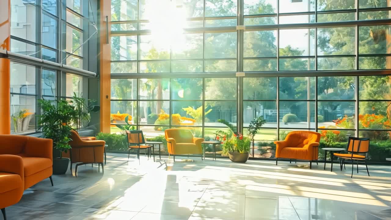 오렌지색 의자 와 비 에 있는 식물 들 이 있는 큰 로비