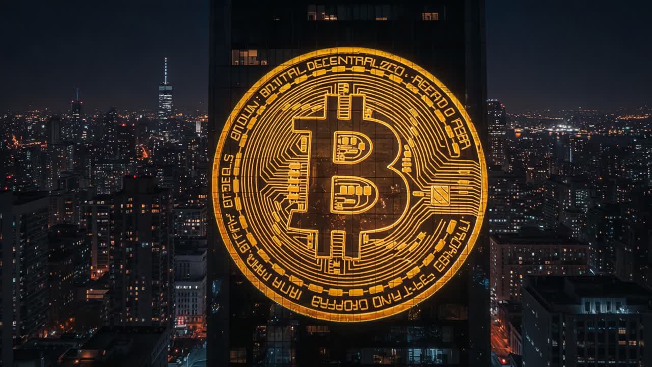 Illuminated Bitcoin Symbol Projected on a City Skyline at Night, Highlighting the Rise of Cryptocurrency in Urban Environments with a Stunning Digital Display