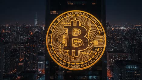 illuminated bitcoin symbol projected on a city skyline at night, highlighting the rise of cryptocurrency in urban environments with a stunning digital display