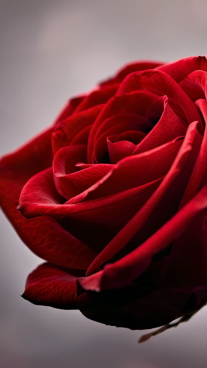 Video verticale: cambio di messa a fuoco che rivela una rosa rossa sul lato destro su sfondo grigio con petali delicati, spazio per il testo