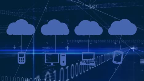 Animation-Von-Wolkensymbolen-Und-Datenverarbeitung-Auf-Dunklem-Hintergrund