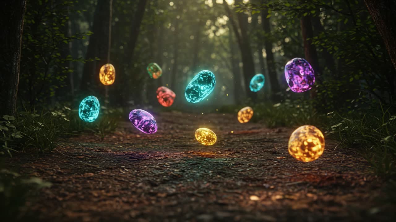 Enchanting Forest Scene with Floating Colorful Gem-Eggs Illuminating a Serene Pathway Under Soft Sunlight and Lush Greenery, Invoking a Magical Atmosphere
