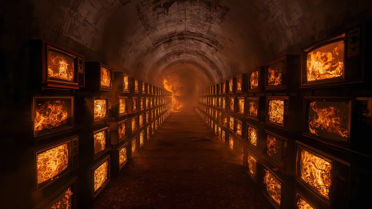 Névoa laranja ascendente impulsionando câmera que avança em túnel exibindo TVs CRT com brilho de chama em vidro rachado