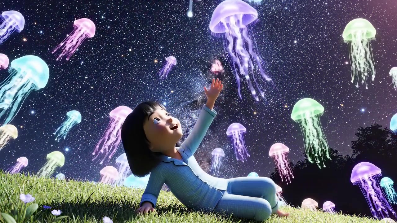 Ragazza sdraiata sull'erba che osserva meduse luminose sotto un cielo stellato
