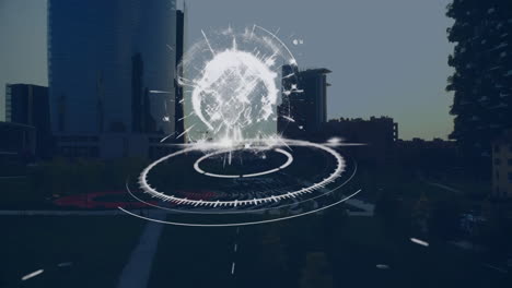 floating holographic globe spinning above urban park, showing circular data rings in flat design