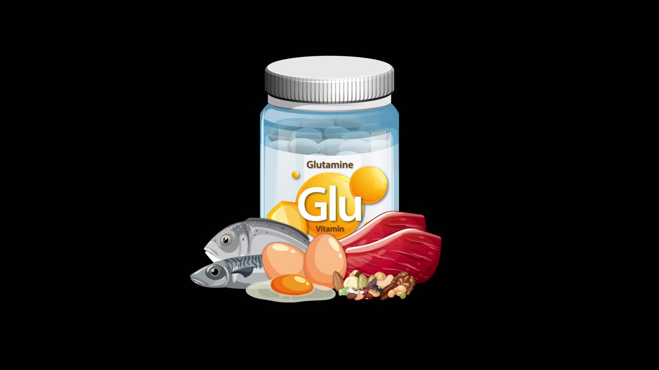 Glutamine supplement bottle with fish, meat, eggs, and nuts appears sequentially on black background