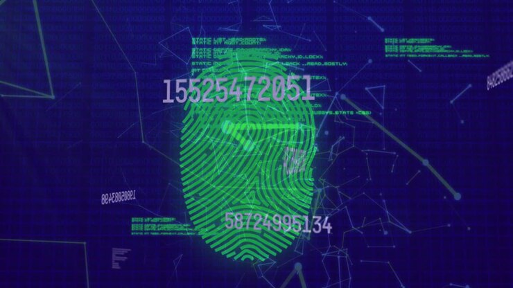 Animation of numbers, financial data processing over biometric fingerprint