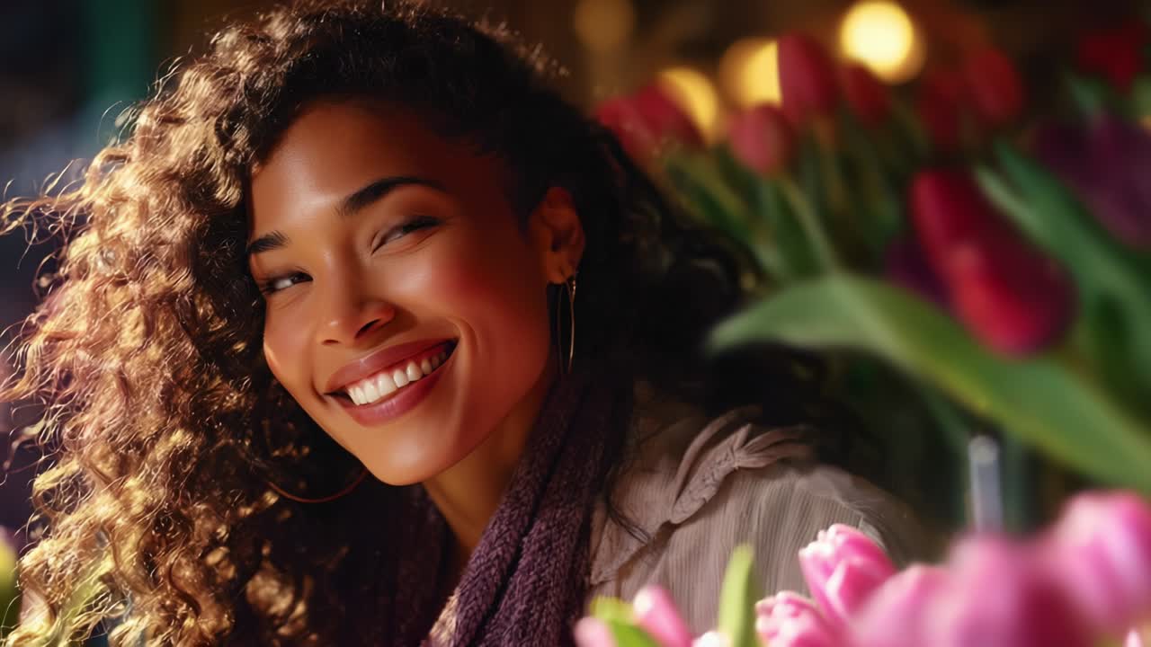 A joyful moment captured in a vibrant flower market, where a young woman with beautiful curly hair smiles radiantly, surrounded by colorful tulips and the warm atmosphere of nature's beauty