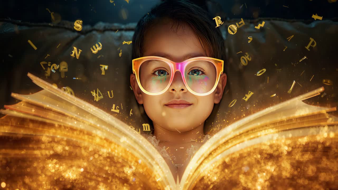 Child Reading a Book with Glowing Letters