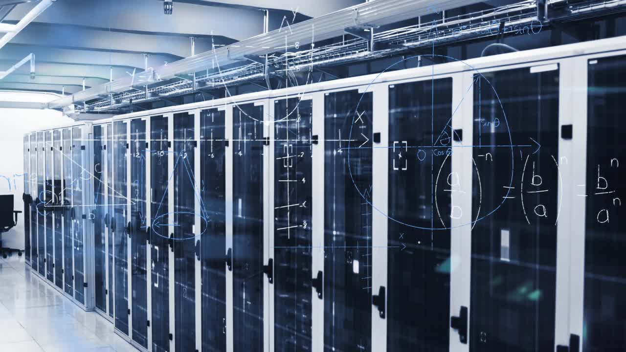 Mathematical equations against empty server room