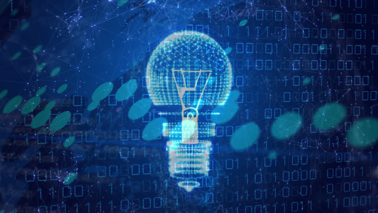 animación de la bombilla, codificación binaria y procesamiento de datos