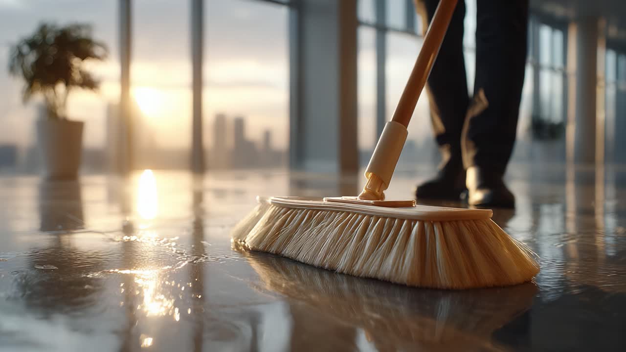 A Person Sweeping a Gleaming Floor in a Sunlit Office Environment, Showcasing Professional Care and Attention to Cleanliness and Hygiene