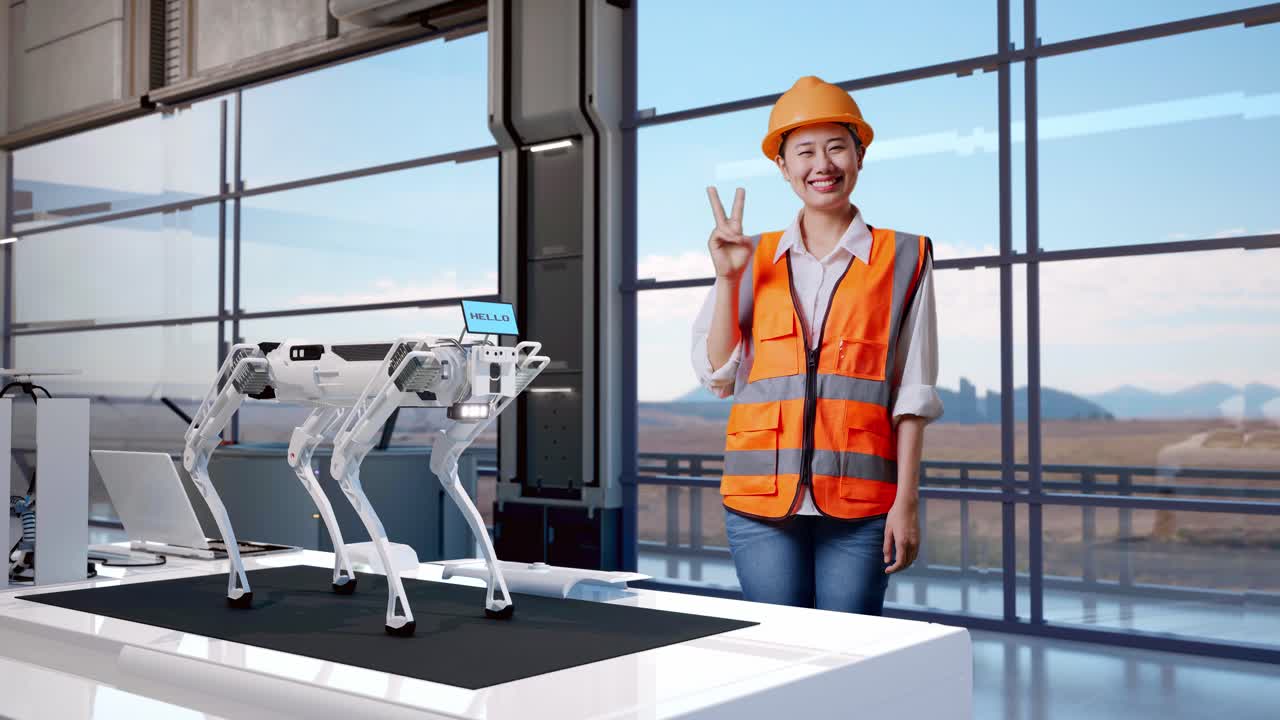 cuerpo lleno de ingeniera asiática con casco de seguridad sonriendo y mostrando un gesto de paz mientras estaba de pie en una fábrica de alta tecnología, analizando el concepto de máquina robótica