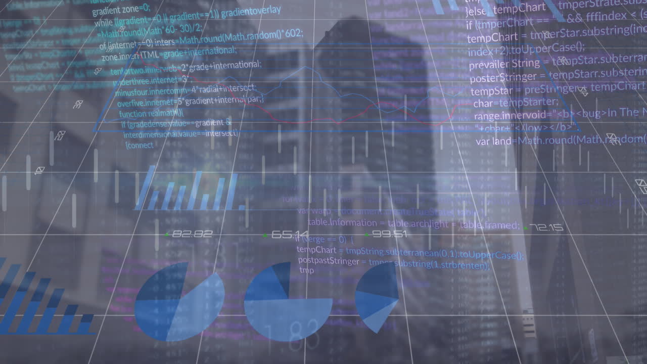 animación del procesamiento de datos financieros sobre el paisaje urbano