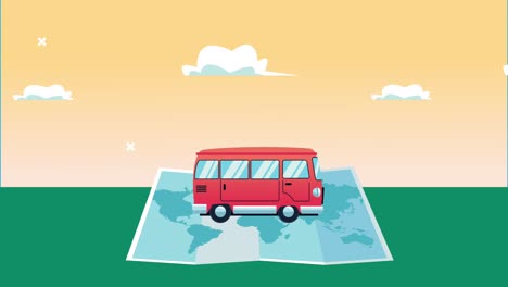 world tourism animation with paper map and van car