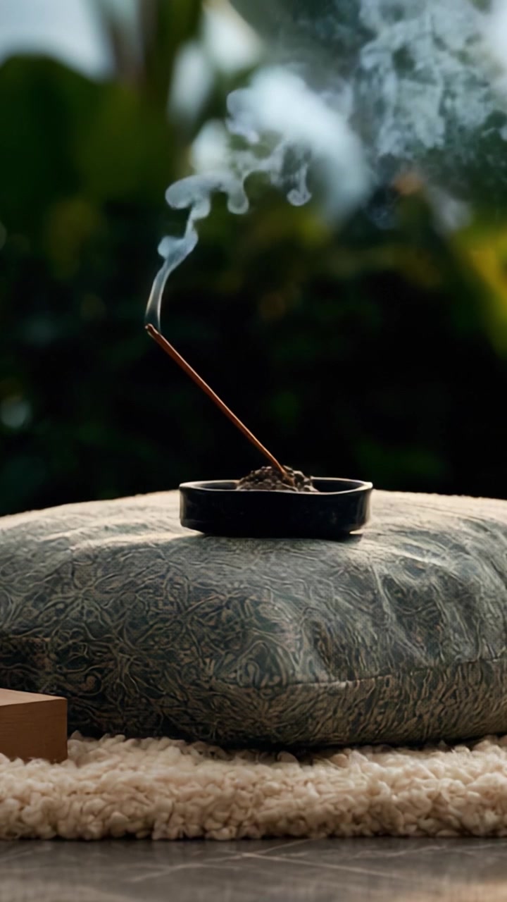 Et fredfylt øyeblikk: Røkelse brenner rolig på en myk pute omgitt av frodig grønt, og skaper en beroligende atmosfære for avslapning og meditasjon.