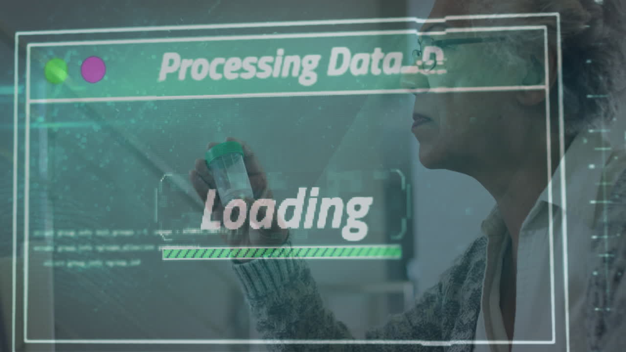 animación de la barra de carga, textos, lenguaje de computadora, científico afroamericano examinando la muestra
