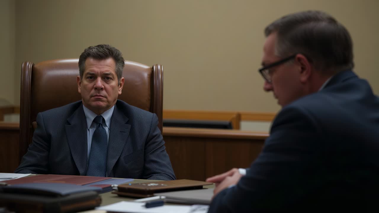 Meeting starting, center man in dark suit sitting at hearing table, colleague consulting papers