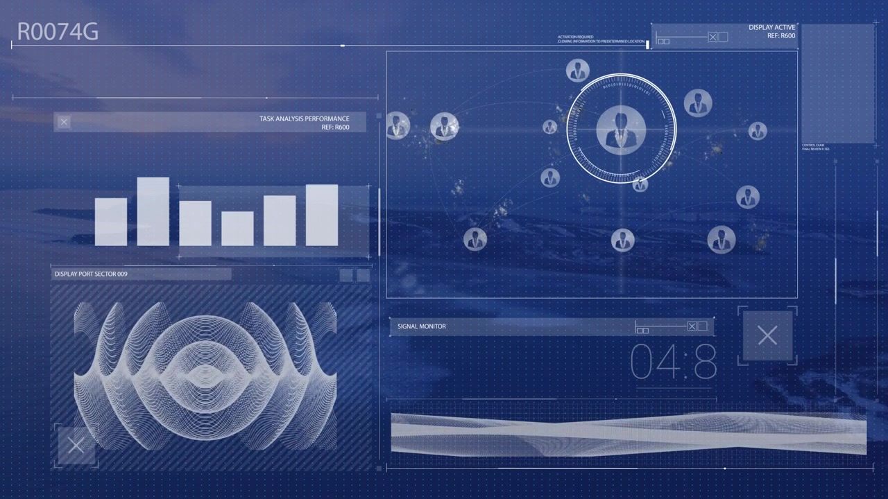 Animation of network of connections and data processing over cityscape