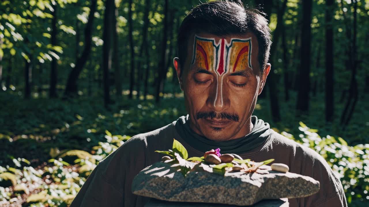 Man with intricate face paint, holding a stone adorned with leaves and flowers, immersed in a serene forest setting, engaging in a spiritual ritual of connection with nature
