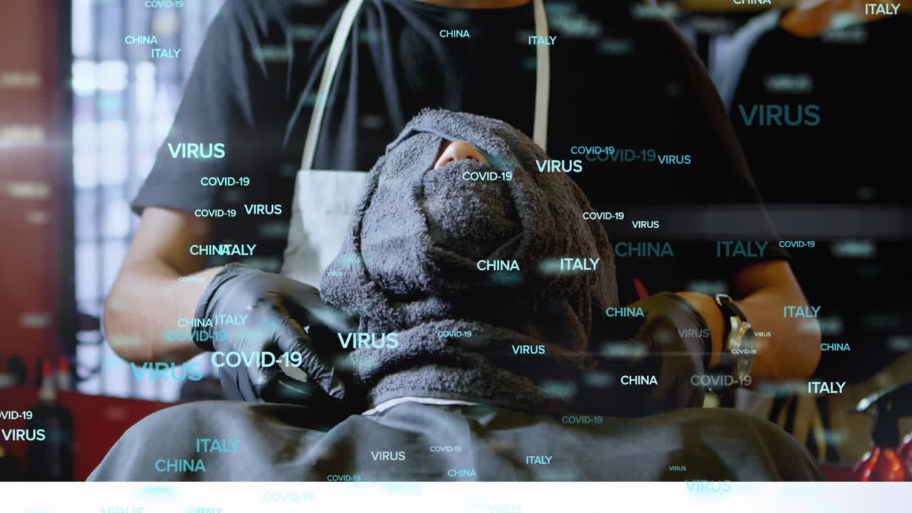 Covid-19 concept texts against barber face massaging man in salon