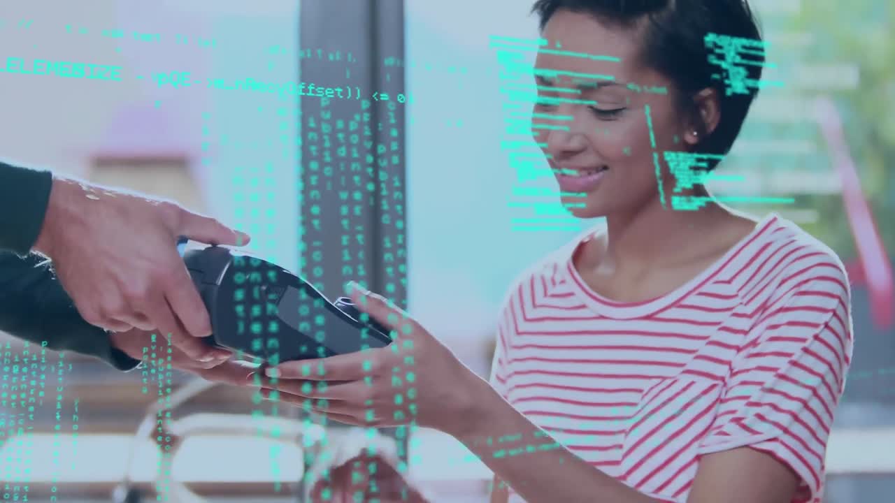 Animation of data processing over biracial woman paying with credit card