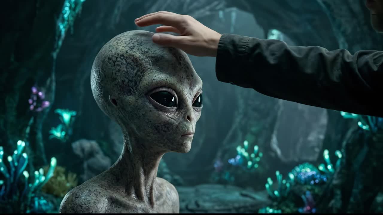 Human Hand Gently Touches an Alien's Head in a Mysterious Cave