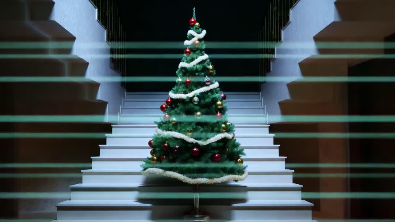 A Captivating Christmas Scene Featuring a Beautifully Decorated Christmas Tree Adorned with Colorful Ornaments and Glittering Lights, Positioned Elegantly at the Bottom of a Staircase