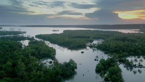 Aerial-view-of-backwater-in-Kerala-at-sunset