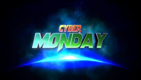 retro cyber monday text in galaxy with stars and dark sky