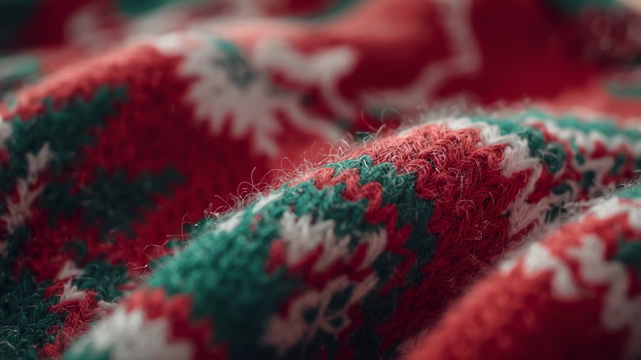 Focusing camera tracing red green white knit fabric on neutral surface, revealing snowflake motifs