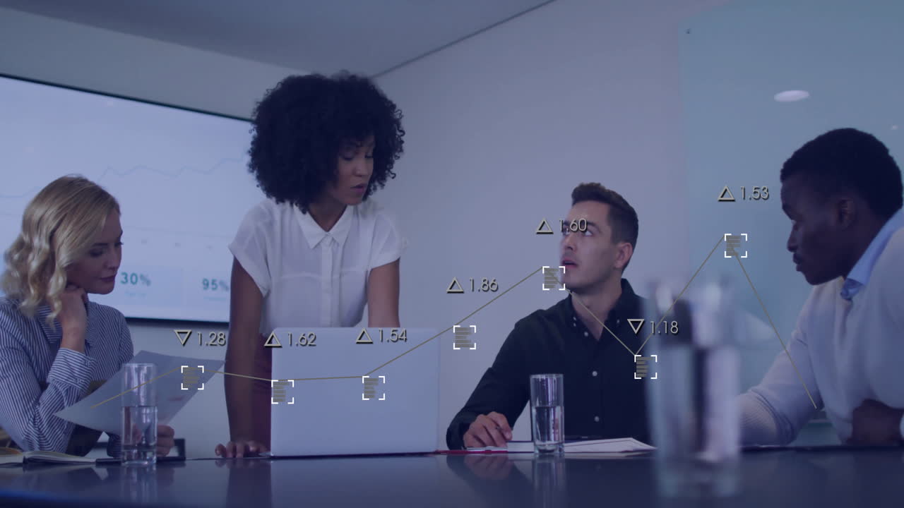 Animation of financial data processing over diverse business people working together