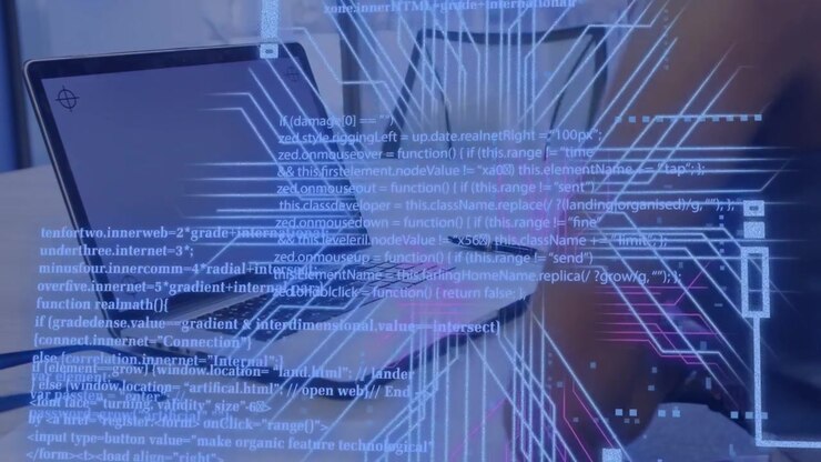 Woman leaning over laptop observing technology processing, circuit lines and code sweeping keyboard