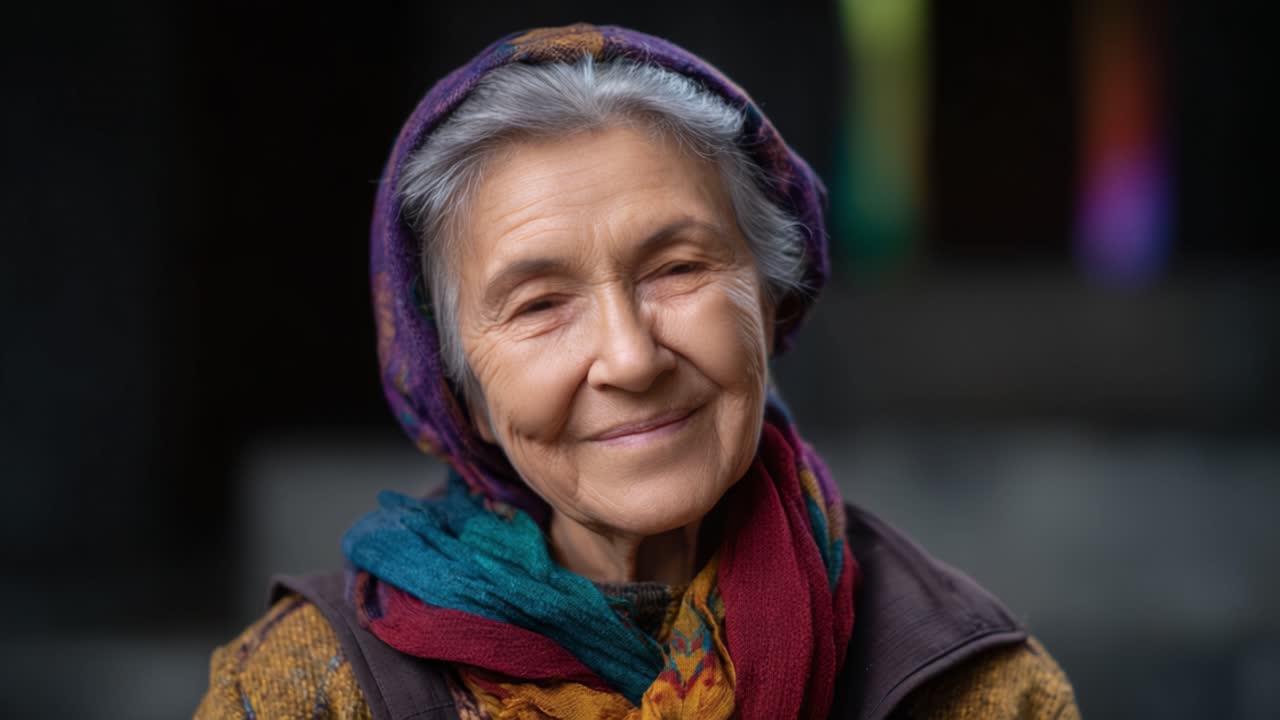 A Warm Smile from an Elderly Woman, Capturing the Essence of Wisdom and Grace in Her Expression, Surrounded by a Colorful Background of Light and Culture