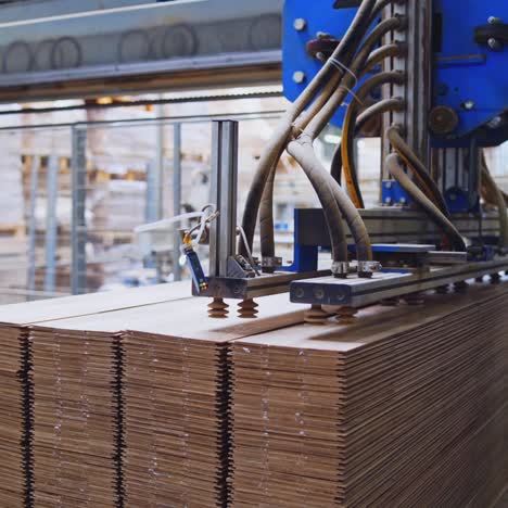 robotic equipment in the wood factory. interior of industrial plant for production of wooden furniture. pile of parquet boards.